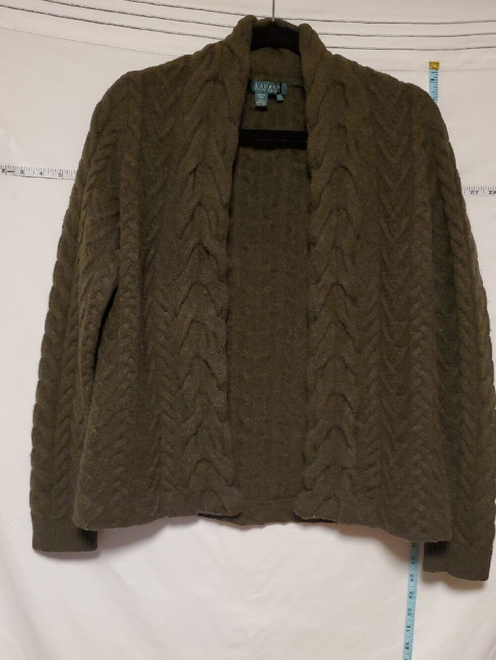 Lauren Ralph Lauren Olive Lambs Wool Cable-Knit Shawl Collar Cardigan S Preppy